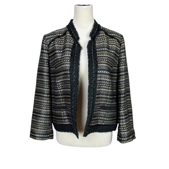 Chico's Sz 1 US 8 Royal Tweed Black Gold Metallic Fringe Trim Open Jacket Blazer - Picture 2 of 14